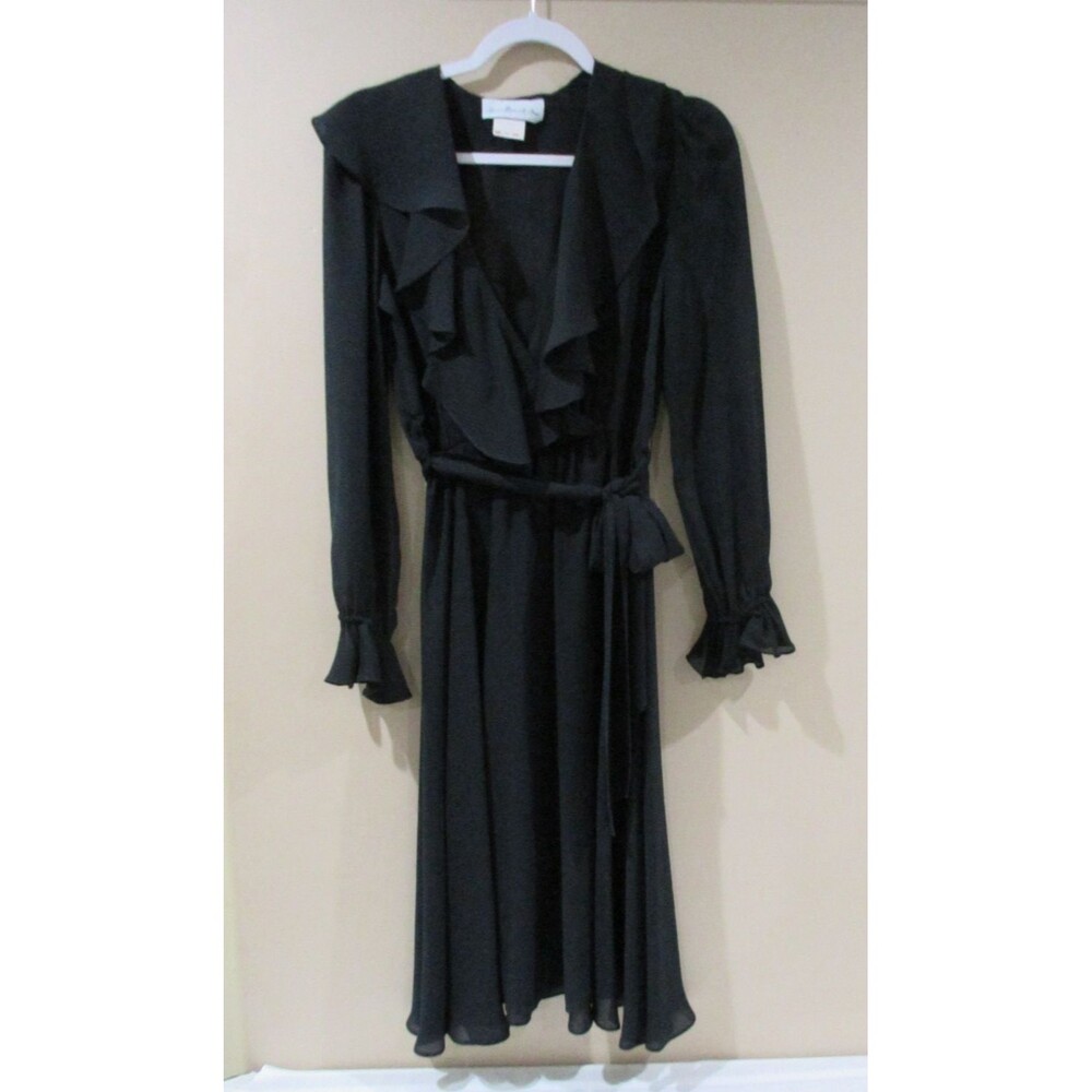 Dina Bennett Inc. 70's Vintage Dress Women 7/8 Black Ruffle V Neck Poly Knee